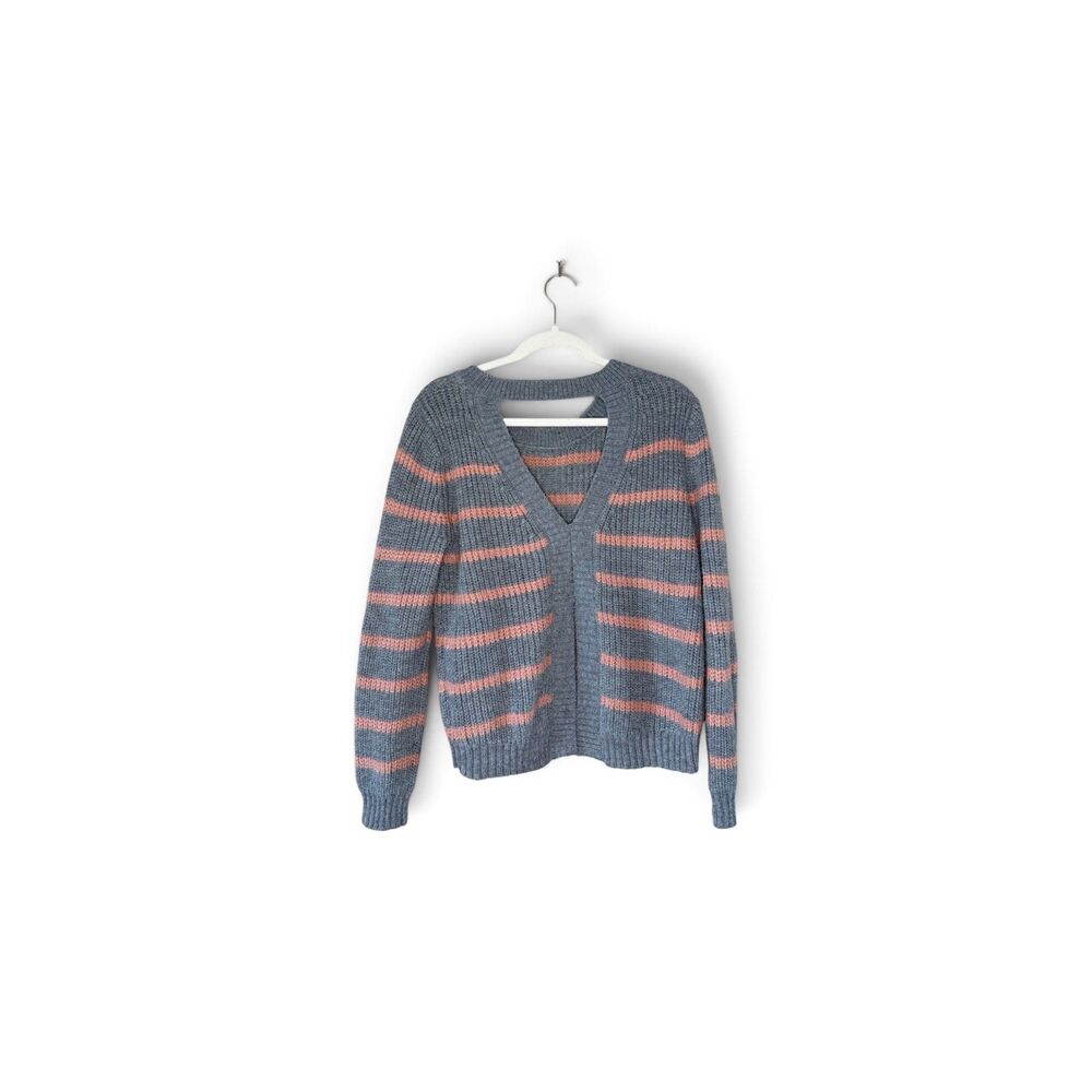 Jack by BB Dakota Leave It Open Sweater Gray Pink Striped Cutout